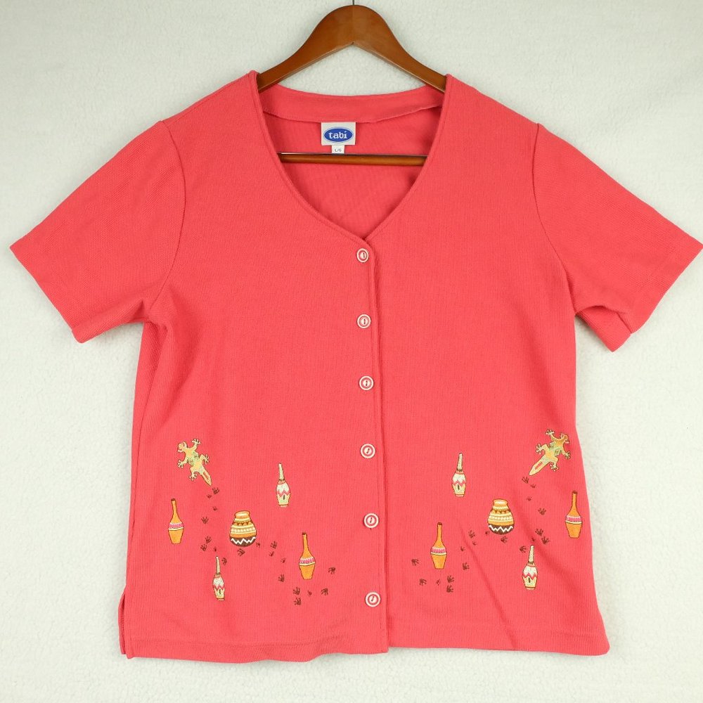 Tabi Womens Button Up Shirt Large Pink Knit Southwestern Embroidered Vintage 90s